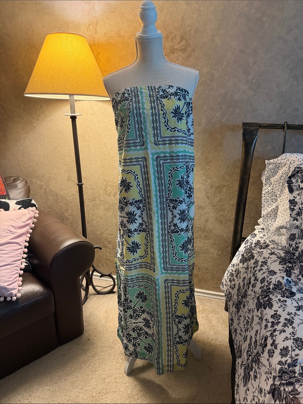 Strapless Printed Celandine-Anthropology Maxi Dress in Pastel Green and Yellow.